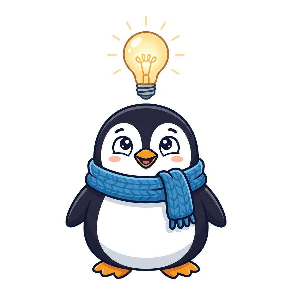 Penny the Penguin with a lightbulb